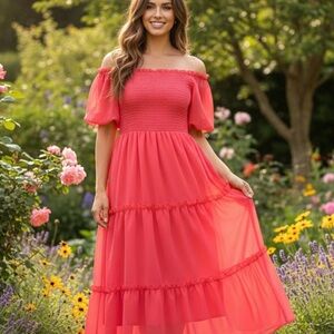 Elegant off or on the Shoulder melon Dress